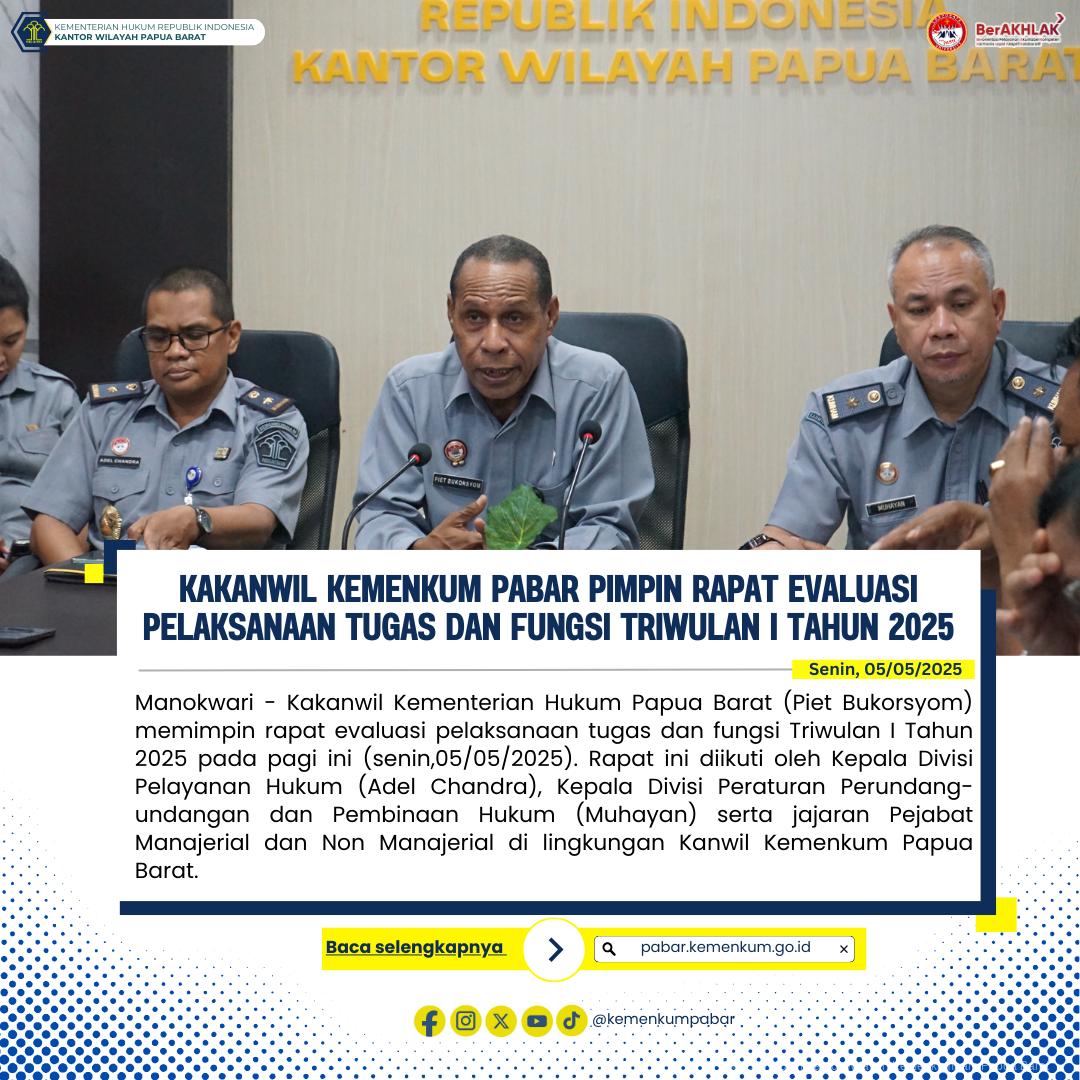 Kakanwil Kemenkum Pabar Pimpin Rapat Evaluasi Pelaksanaan Tugas Dan Fungsi Triwulan I Tahun 2025