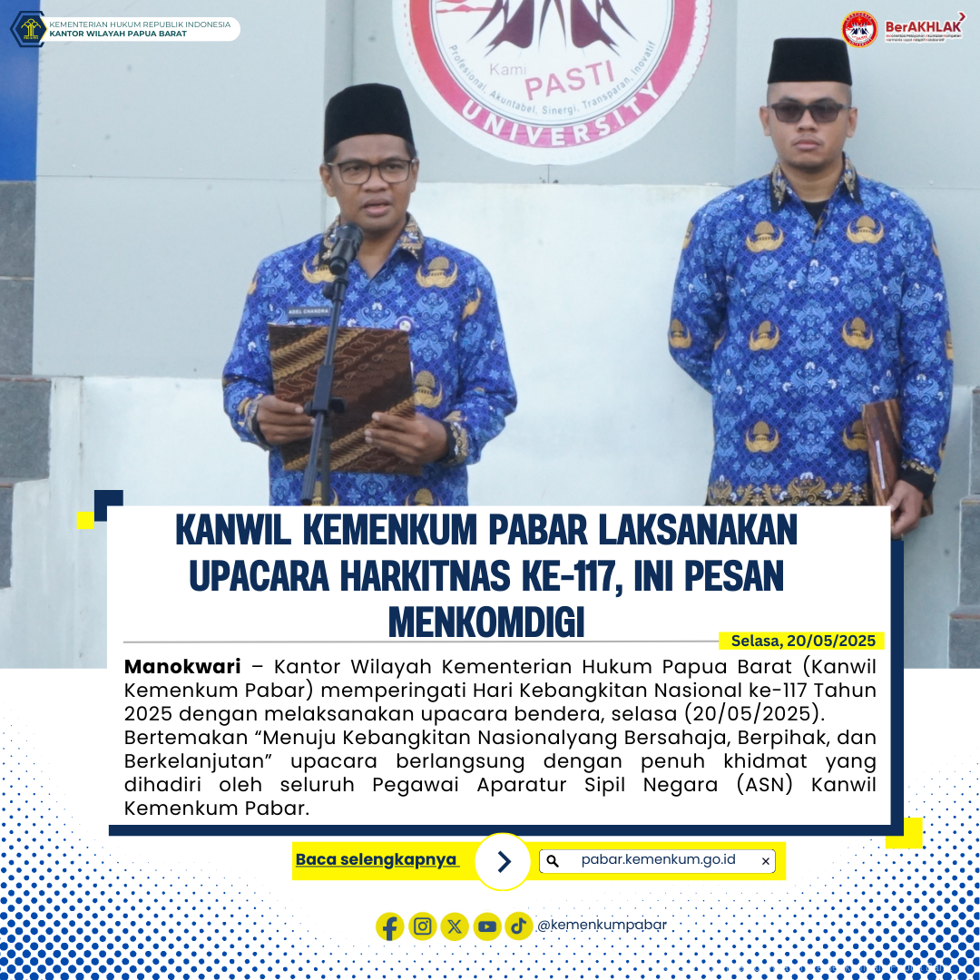 Kanwil Kemenkum Pabar Laksanakan Upacara Harkitnas ke 117 Ini Pesan Menkomdigi