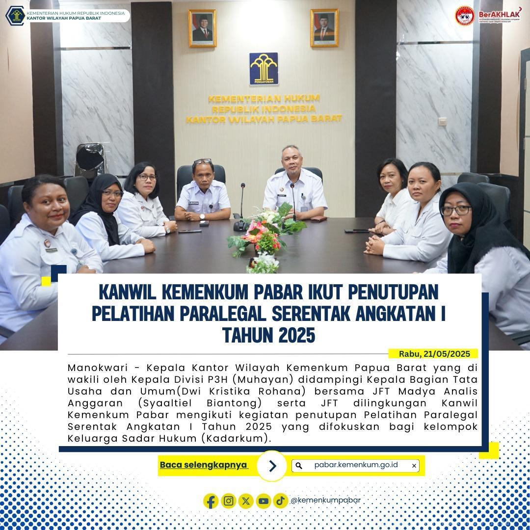 Kanwil Kemenkum Pabar ikut Penutupan Pelatihan Paralegal Serentak Angkatan I Tahun 2025