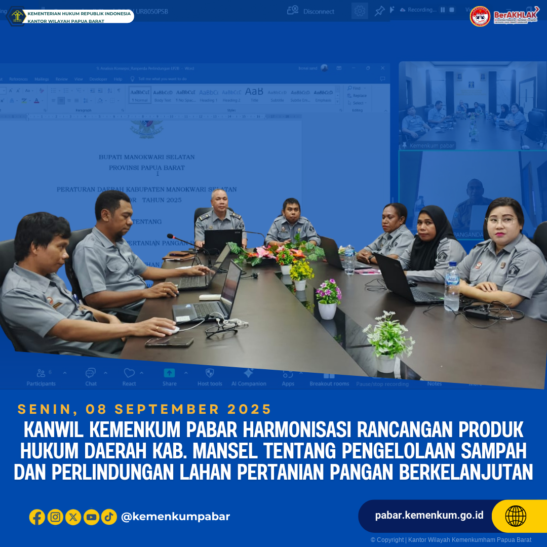 Kanwil Kemenkum Pabar Harmonisasi Rancangan Produk Hukum Daerah Kab. Mansel Tentang Pengelolaan Sampah dan Perlindungan Lahan Pertanian Pangan Berkelanjutan
