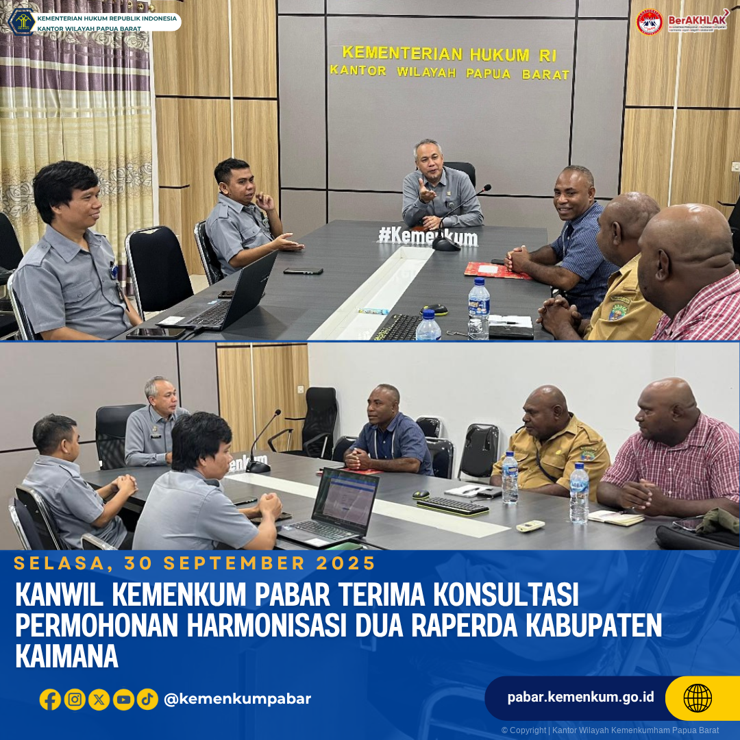 Kanwil Kemenkum Pabar Terima Konsultasi Permohonan Harmonisasi Dua Raperda Kabupaten Kaimana